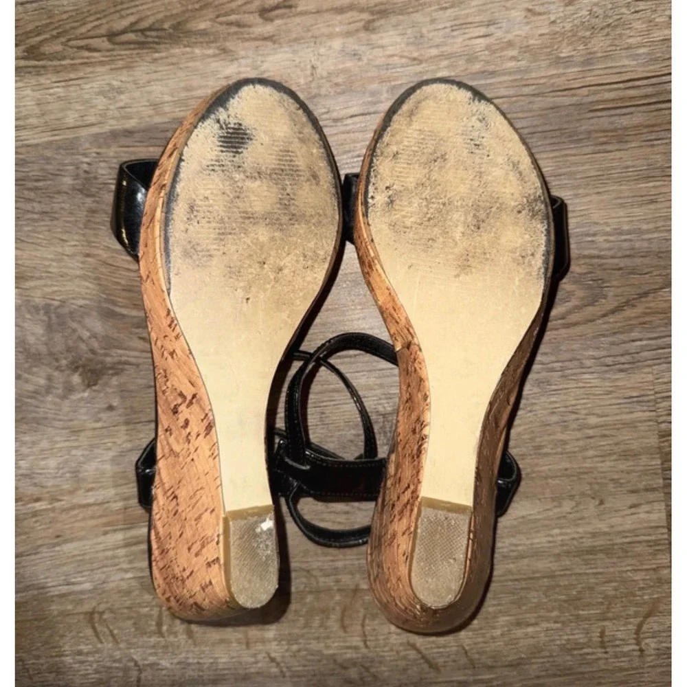 Cato Black Patent T-Strap Cork Wedge Sandals Womens Summer Ankle Strap Shoes